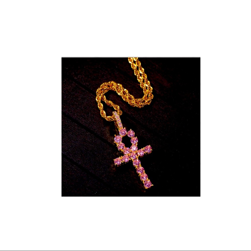 Pink Anhk pendant with rope chain